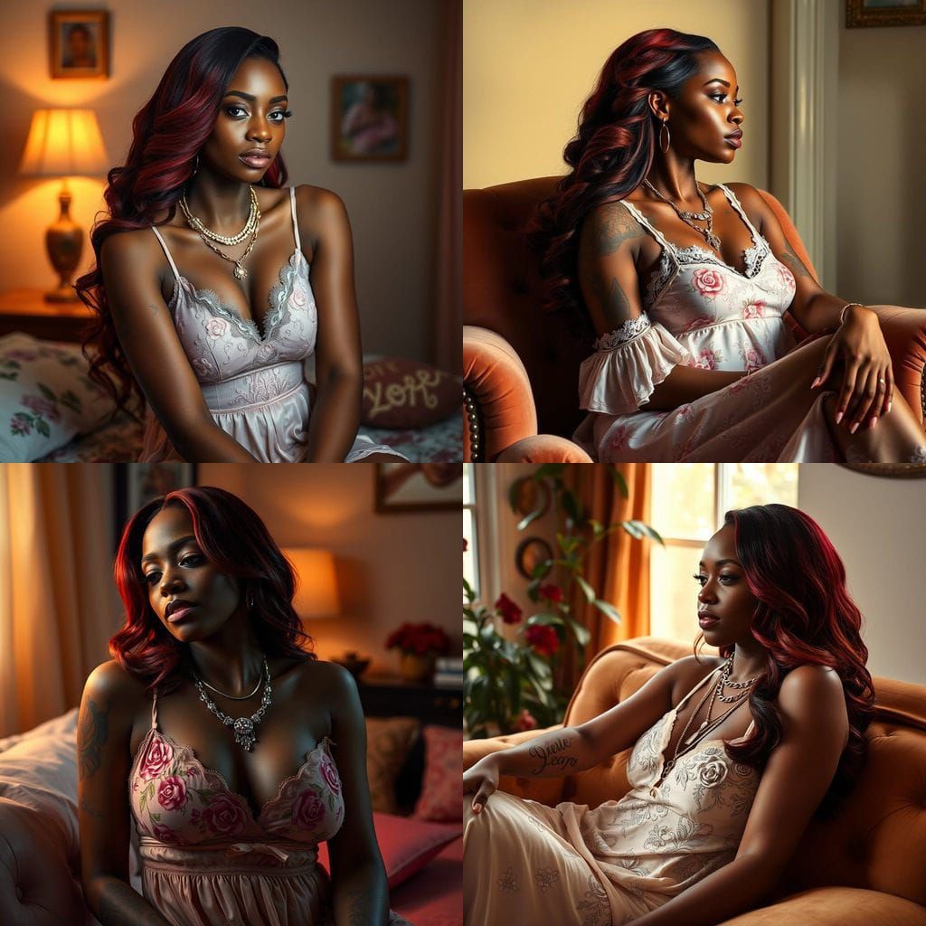 African American Woman in Elegant Nightgown with Rose Tattoo...