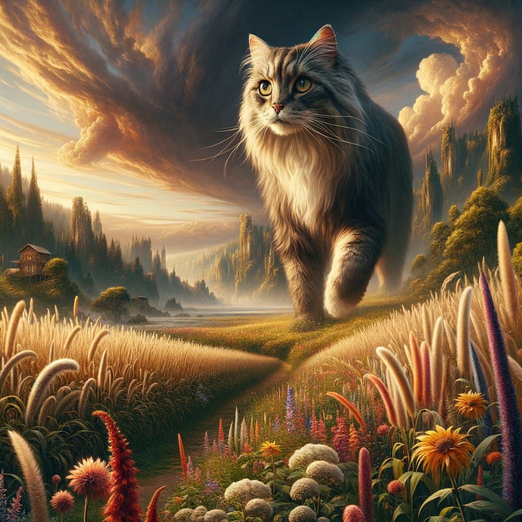 Majestic Cat in Maximalist Landscape