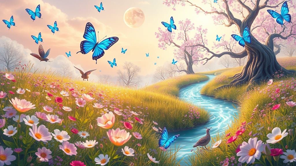 Enchanted Spring Landscape in Vibrant, Dreamlike Hues