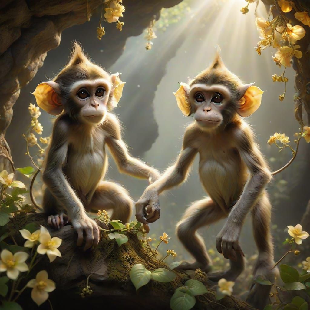 Fractally Curly Elven Twins Dancing in a Dreamlike Landscape