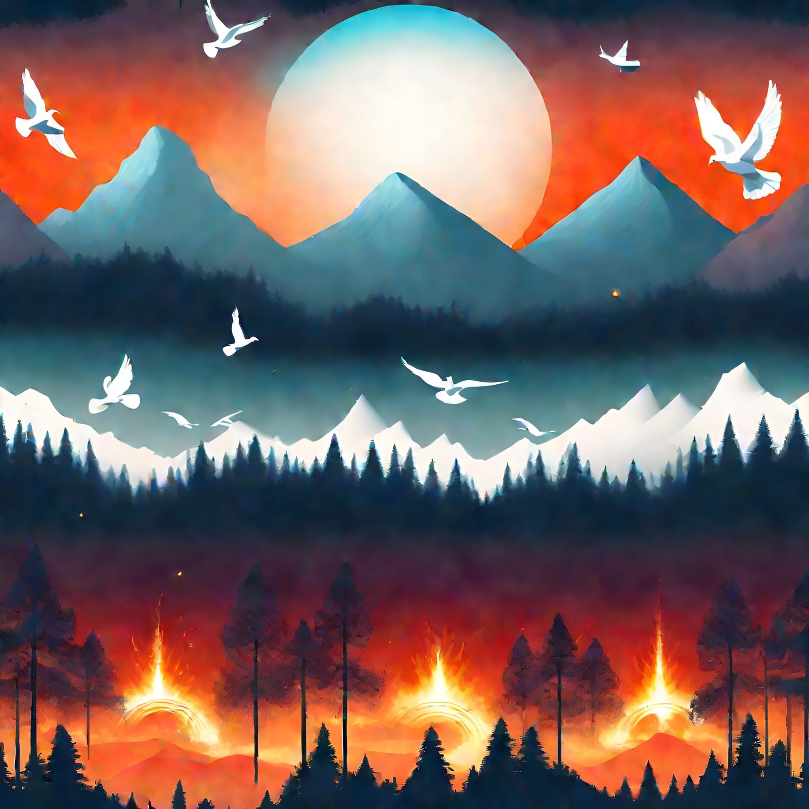 Surreal Cyborgs Witness Fiery Cosmic Destruction