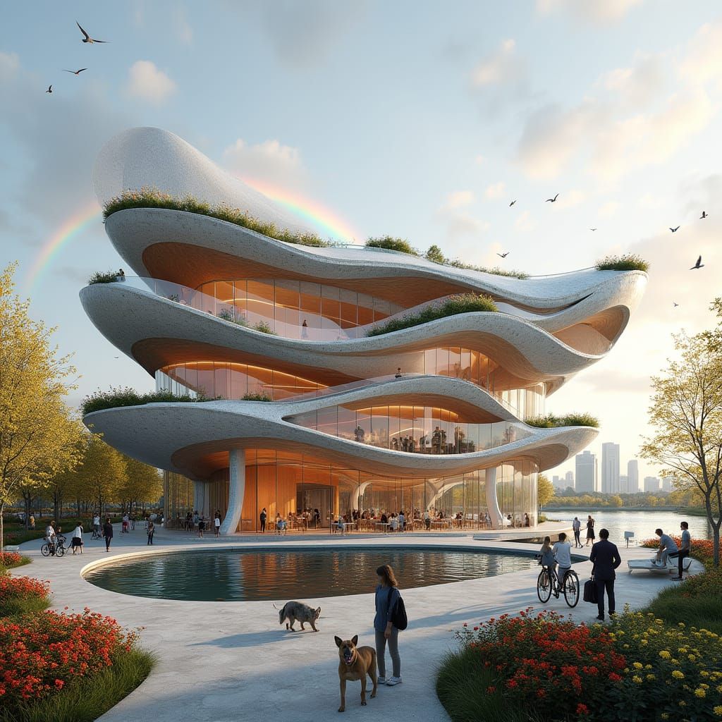 Surreal Flower-Shaped Futuristic Building in Vibrant Citysca...
