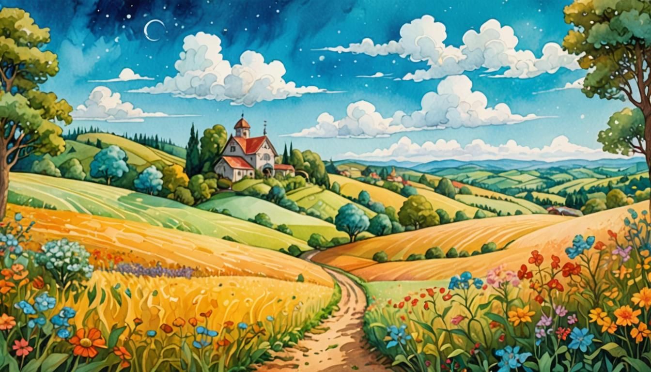 Whimsical Farm Landscape in Watercolor Gouache Style