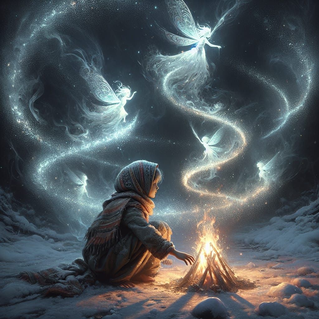 Hopeful Girl Kneels by Fire Amidst Snowy Darkness