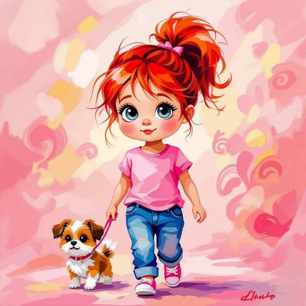 Impasto Oil Painting of Girl with Red Hair and Dog