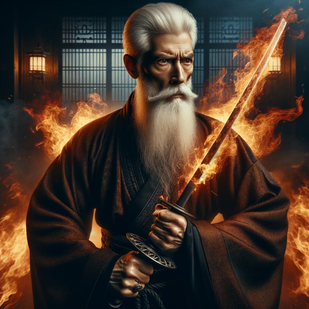 Stern Elder Martial Artist Surrounded by Flames in Tradition...