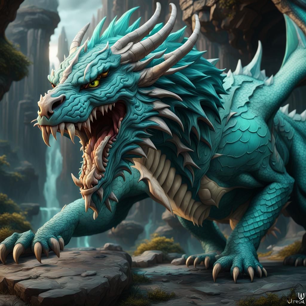 Teal Dragon Sabertooth in Detailed Matte Painting