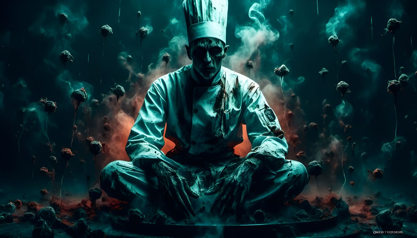 Floating Chef in Smoky Kitchen with Piercing Gaze
