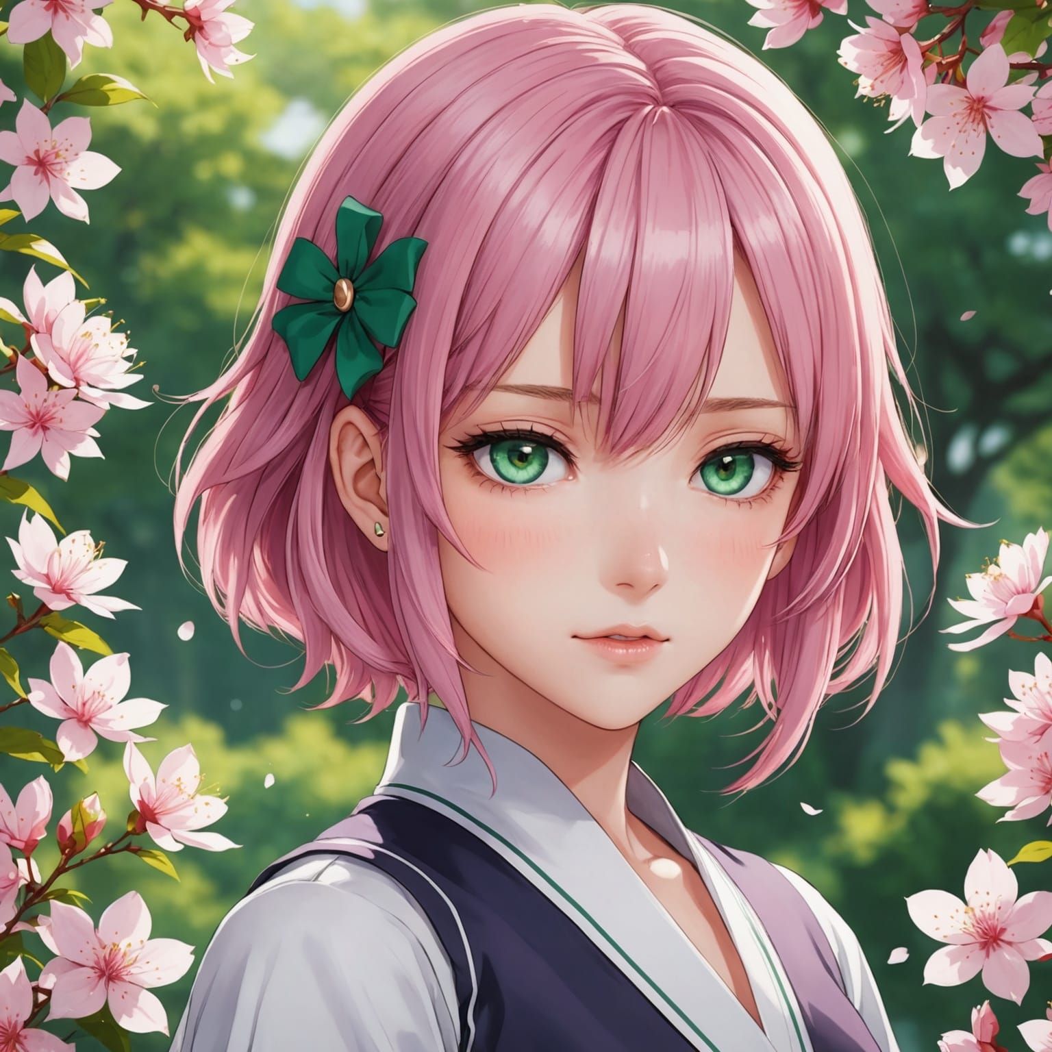 Anime-Style Sakura with Pink Hair and Green Eyes