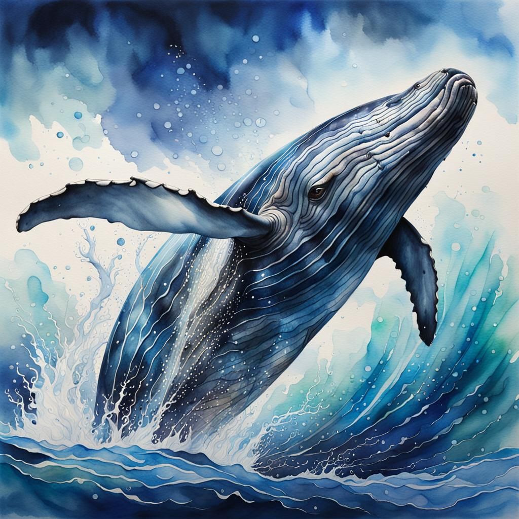 Watercolor Whale in Ocean: Hyperrealistic Splash Art
