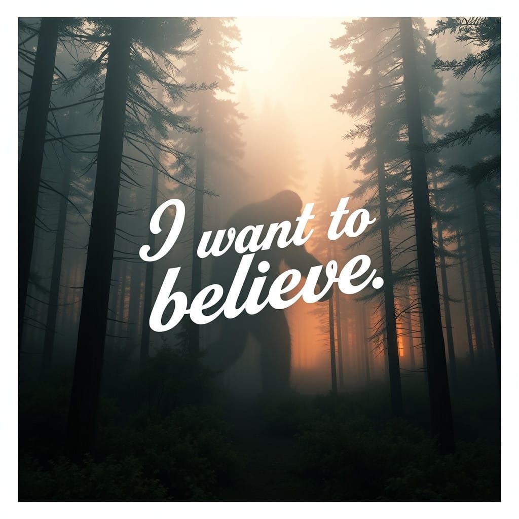 Bigfoot in a California Forest at Dawn, Emblazoned with Vint...