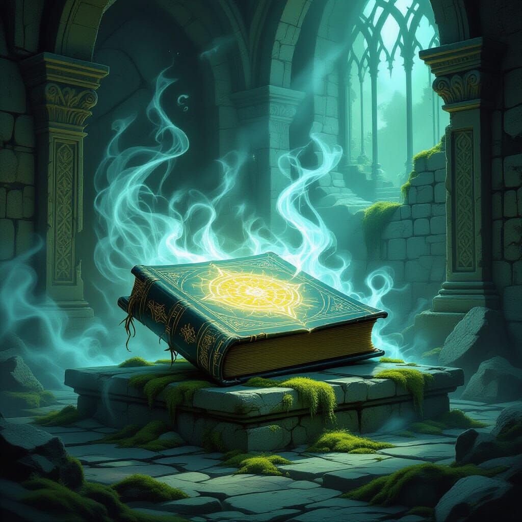 Ancient Tome on Altar in Ruin with Glowing Symbols