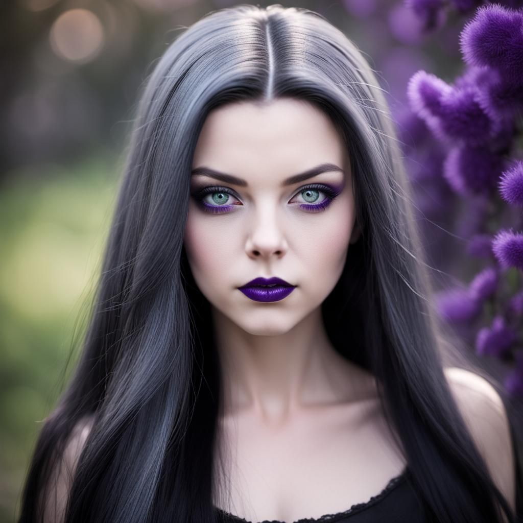 Hyperrealistic Portrait of Gothic Woman with Purple Lips