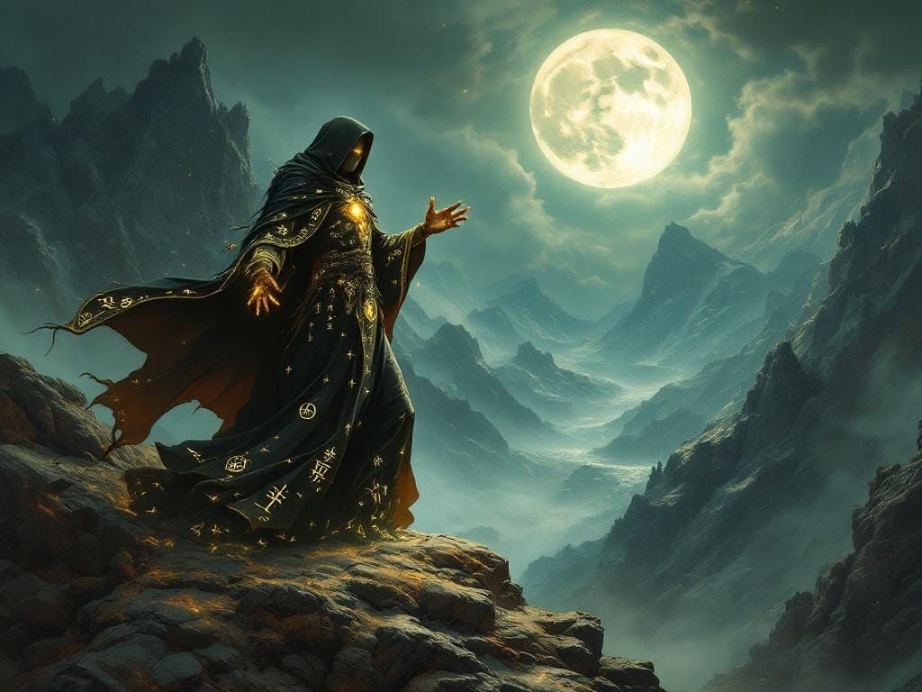 Sorcerer with Runes on Mountain Peak, Fantasy Art