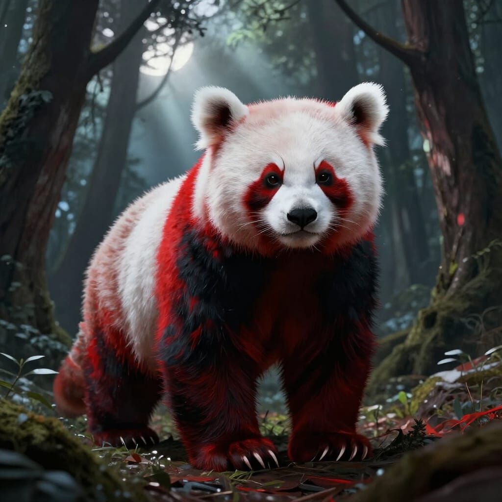 Majestic Panda with Red and Black Markings in Moonlight Fore...