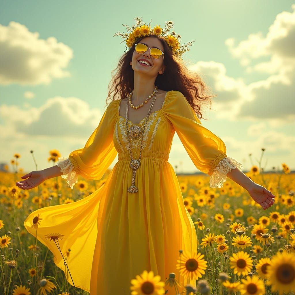 Free-Spirited Woman in Vibrant Yellow Landscape
