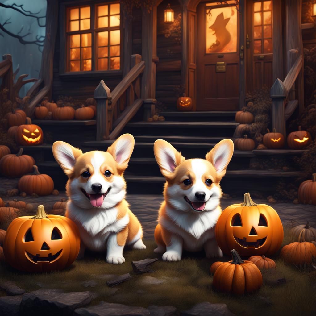 Corgi Puppies Trick-or-Treating: Fantasy Concept Art
