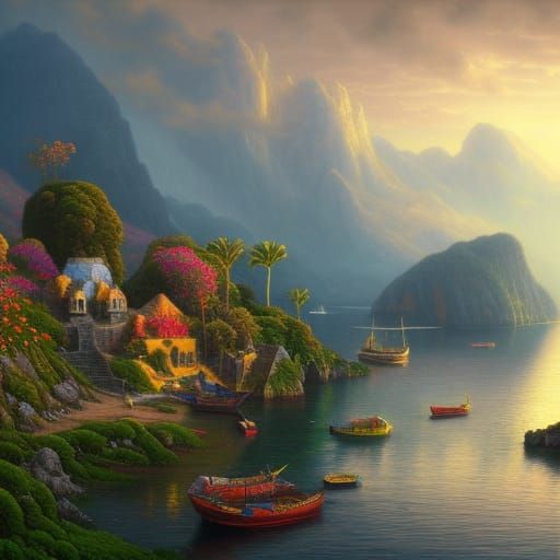 Colorful Island Village in Hyperrealistic Style