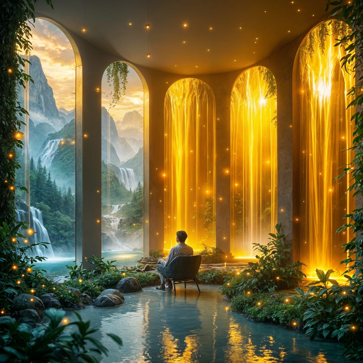 Enchanted Indoor Scene with Golden Waterfalls
