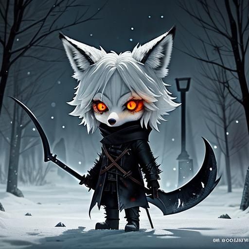 Undead Chibi Fox with Scythe in Winter Scene