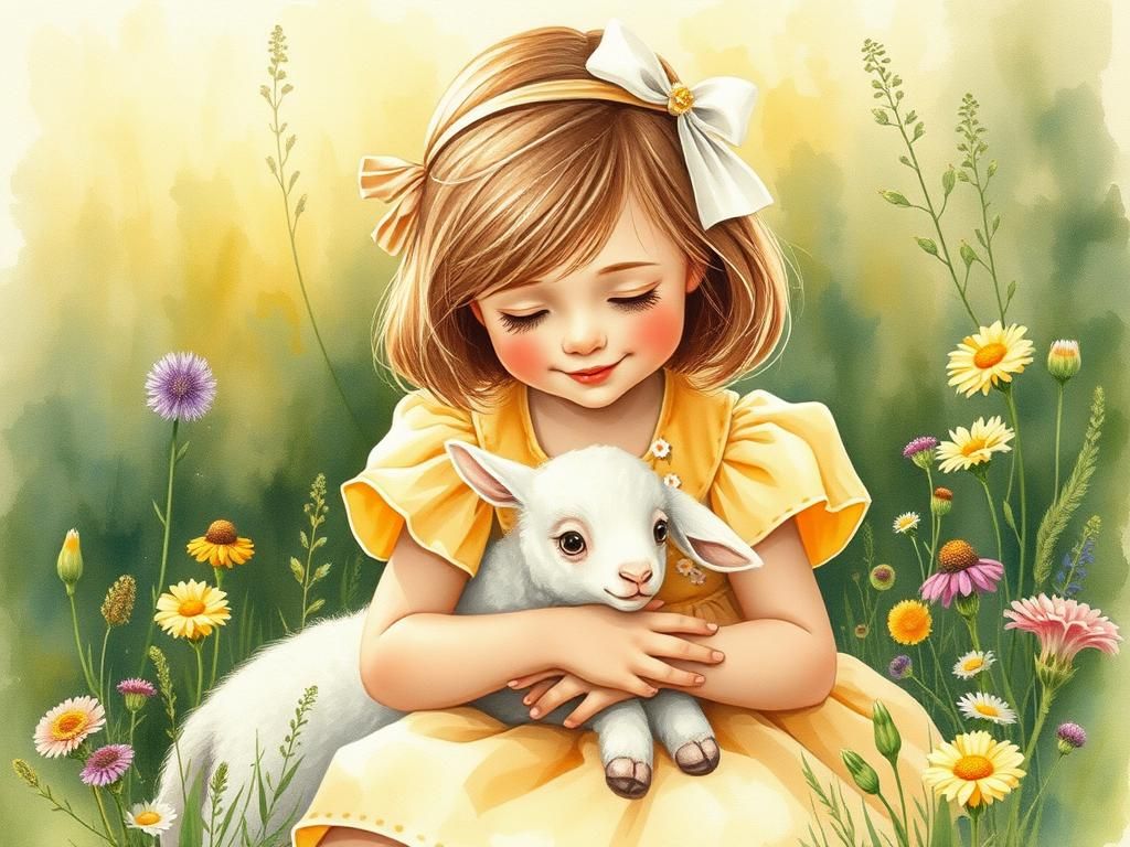 Girl and Lamb in Dreamy Watercolor Style