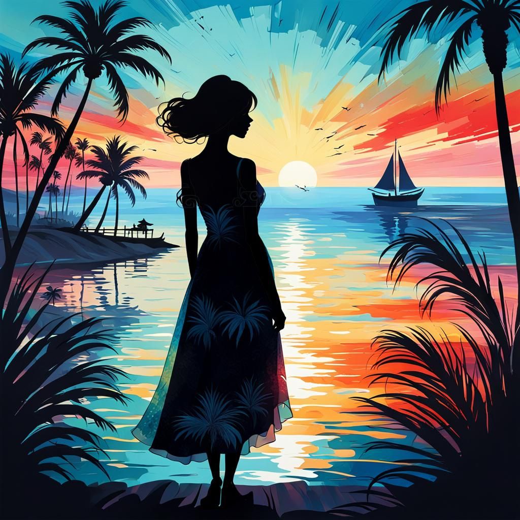Silhouette figure a woman by the sea
