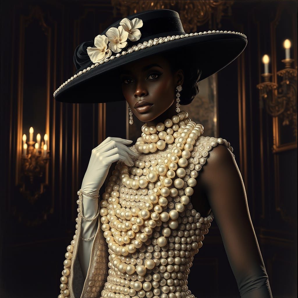 Elegant Black Figure in Luminous Pearls