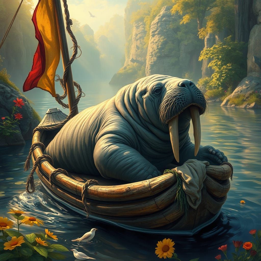 Walrus Drifting on River of Life in Dreamlike Realism