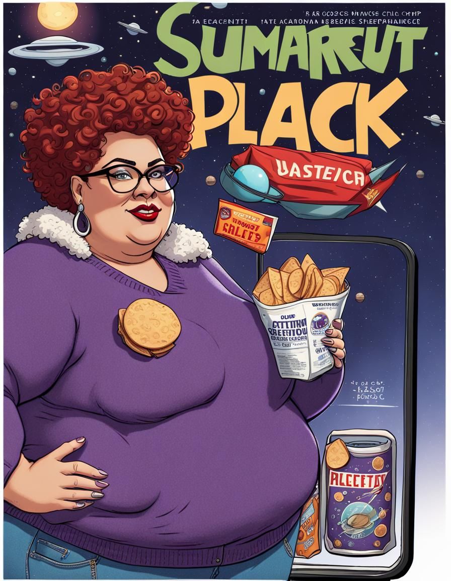 Plus-Size Model Ad with Rocket Ship Background