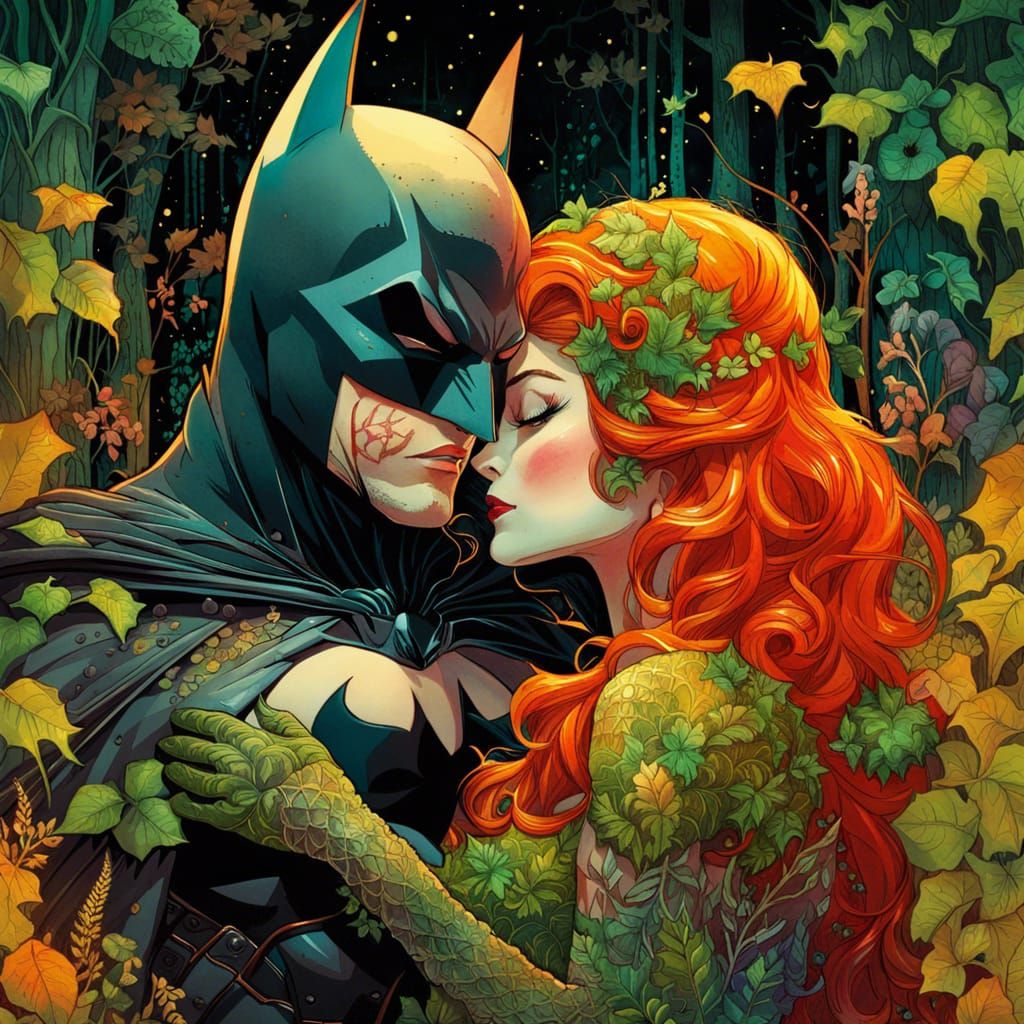 Batman and Poison Ivy Portrait in Watercolor Style