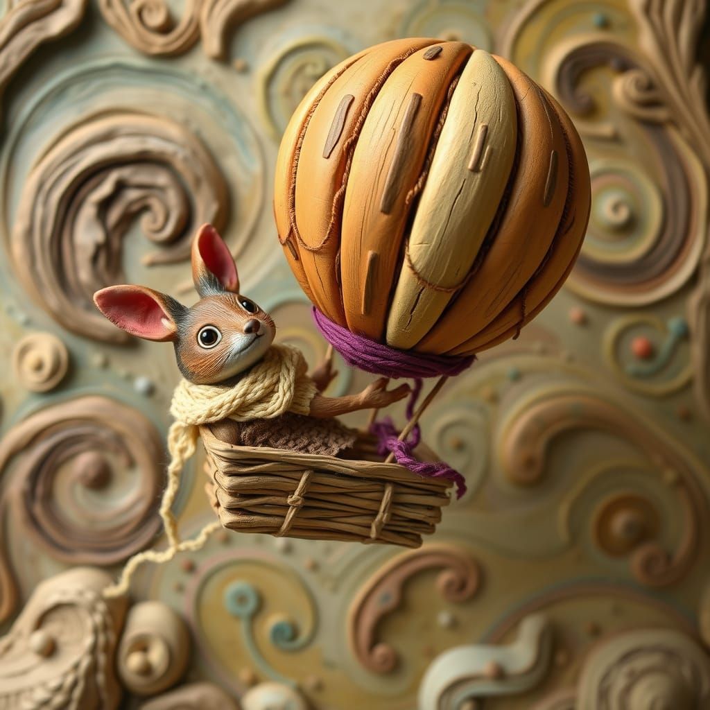 Woodland Creature's Whimsical Flight in Clay Sky