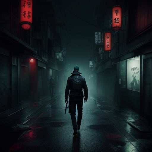 Dark Urban Fantasy Tokyo Alleyway in Moody Blues and Grays