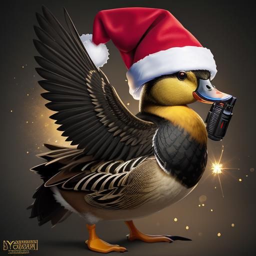 Duck with Pistol and Christmas Hat