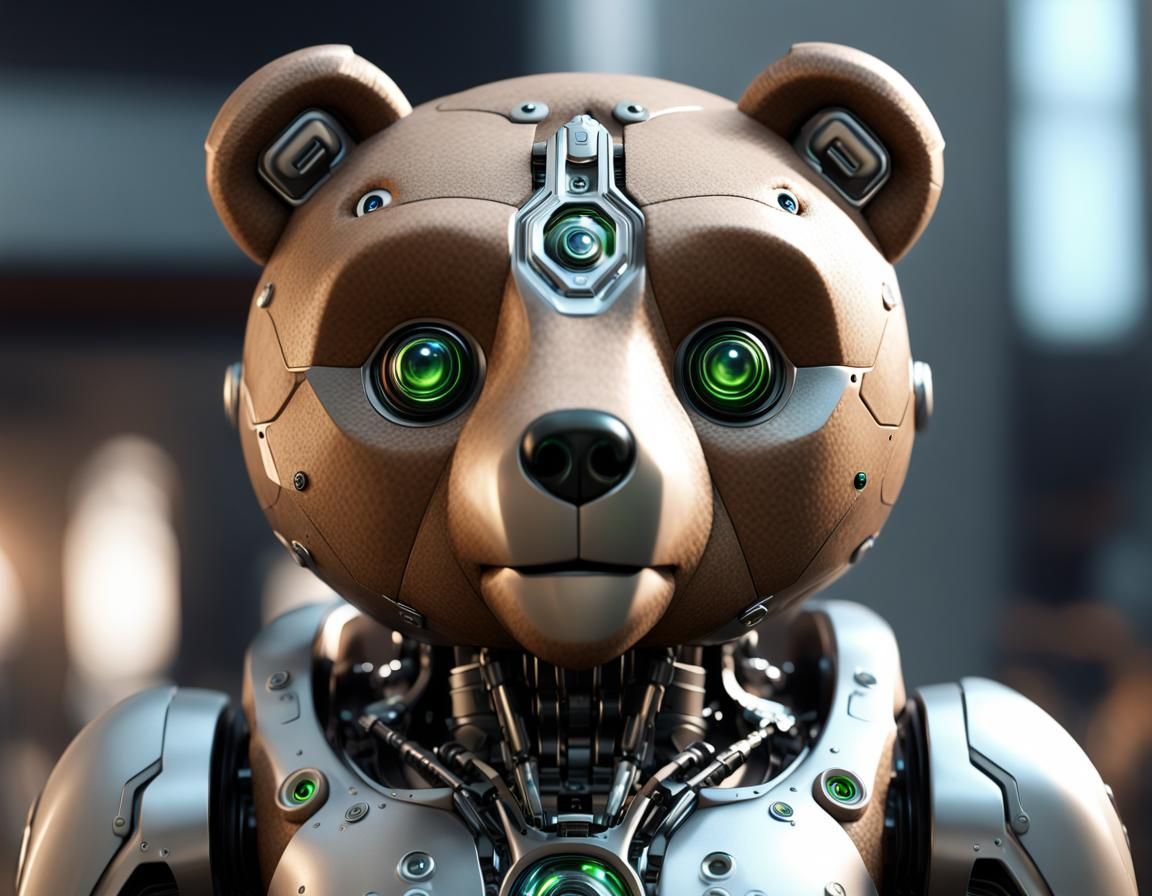 Cybernetic Teddy Bear Statue in Cyberpunk Style