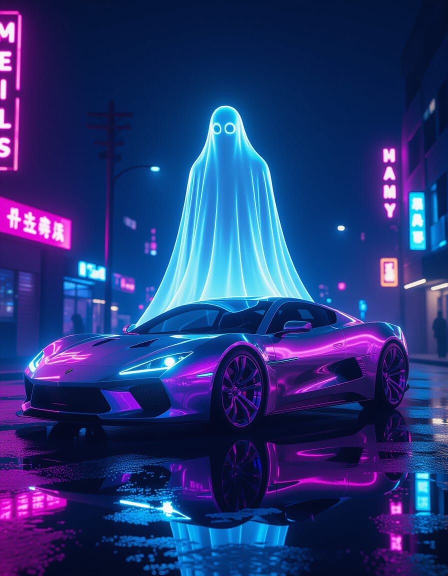 Ghost Haunts Futuristic Car on Neon Street