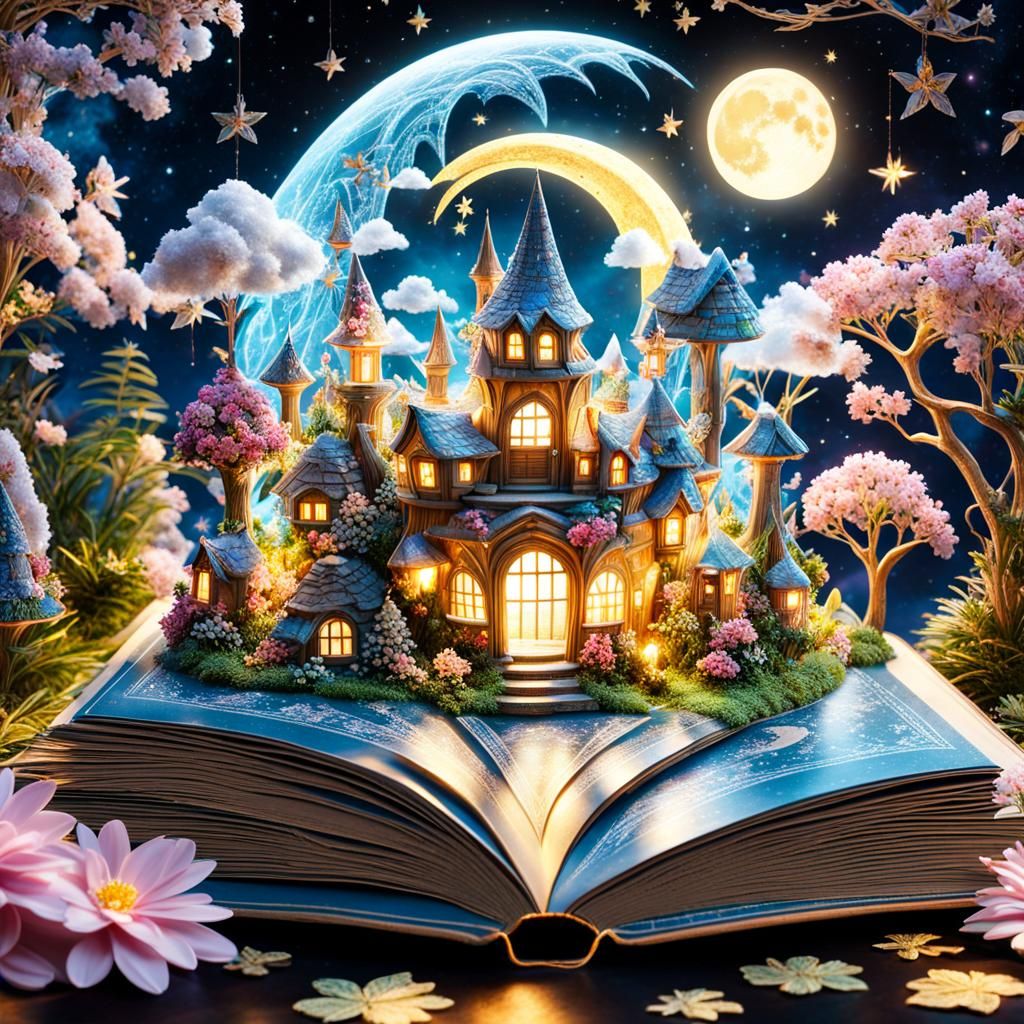 Magical Fairy Village Emerging from Open Book