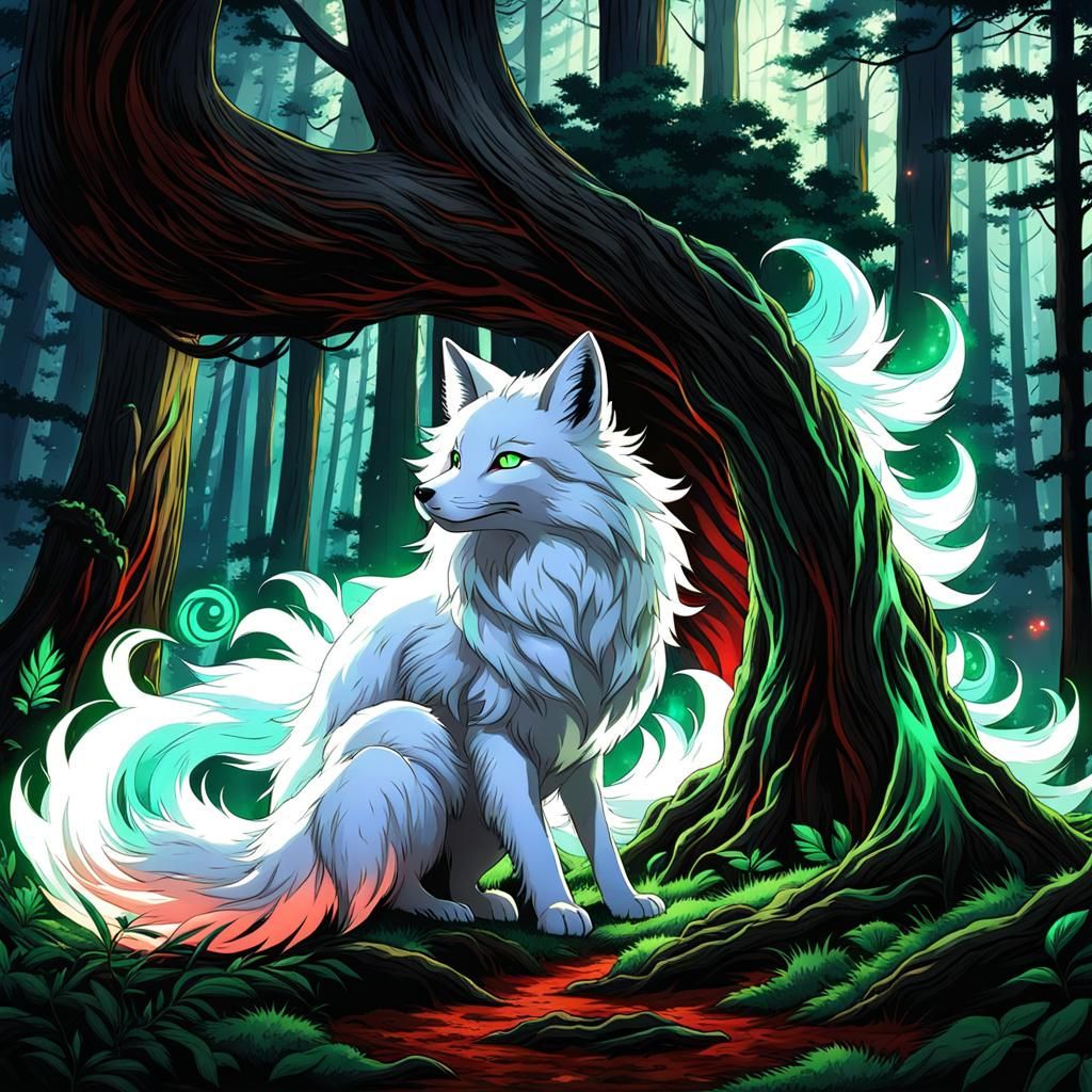 Nine-Tailed Fox with Glowing Aura in Red Forest