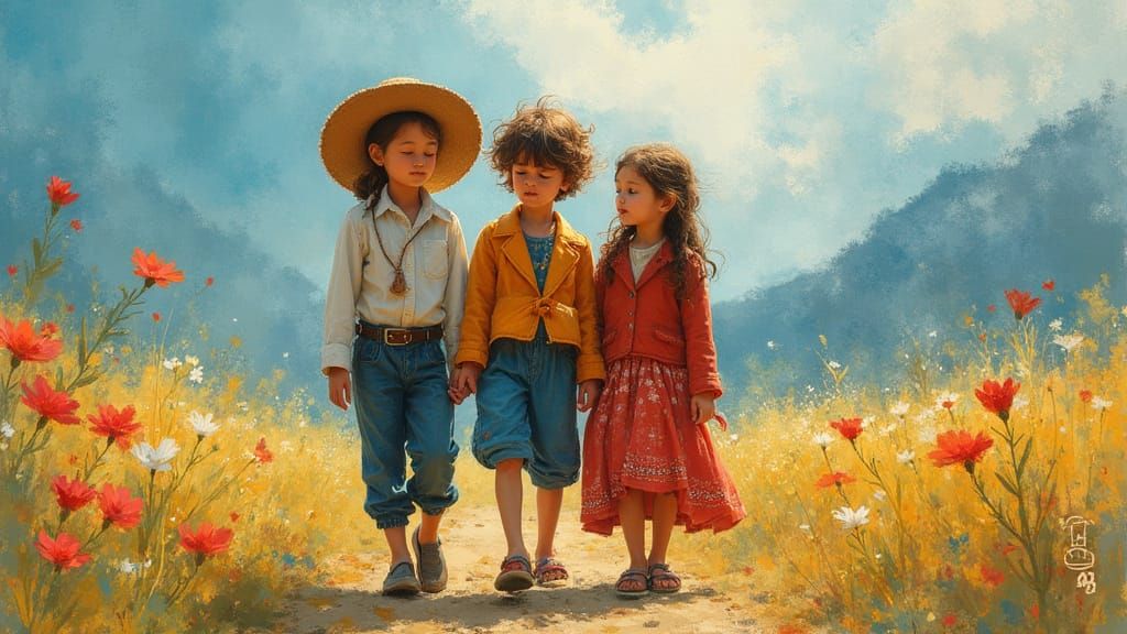 Children in Traditional Clothing, Impressionist Style