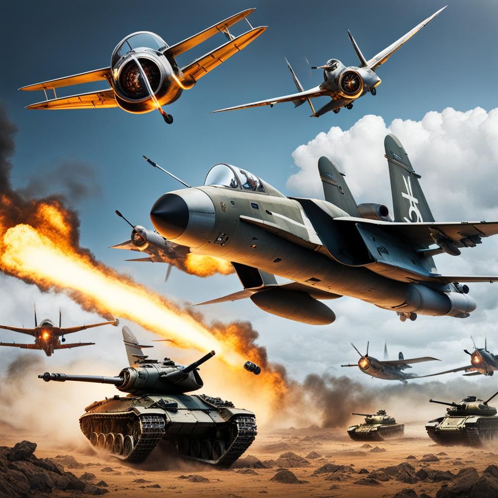 Battlefield Scene with Tanks and Fighter Plane