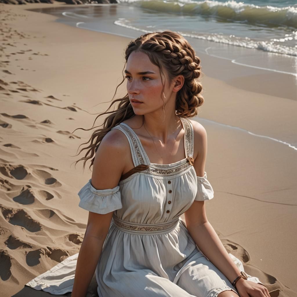 Woman with Braids on Beach, Hyperdetailed Portrait