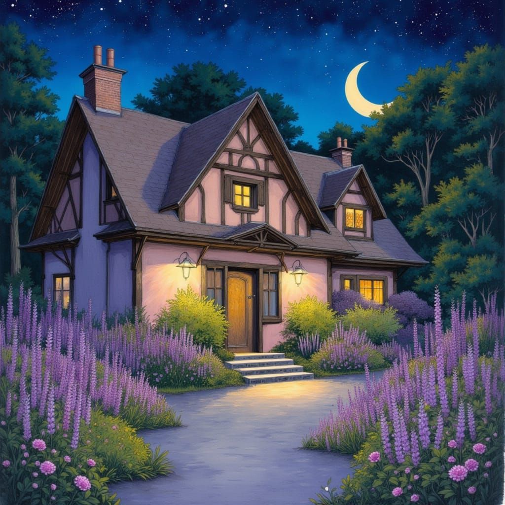 Dreamy Cottagecore Scene with Crescent Moon and Stars