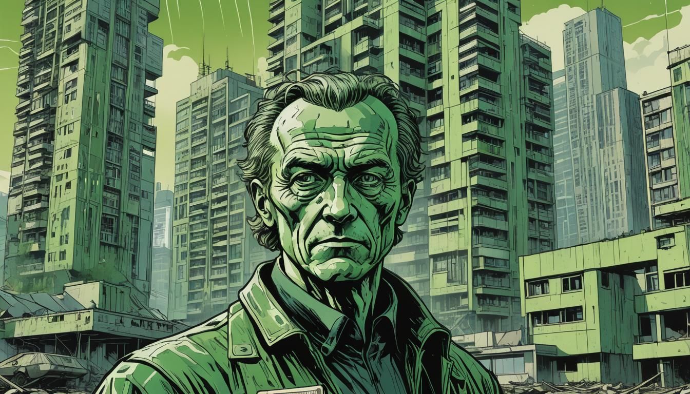 Polish Comics Portrait with Retro Sci-Fi Architecture