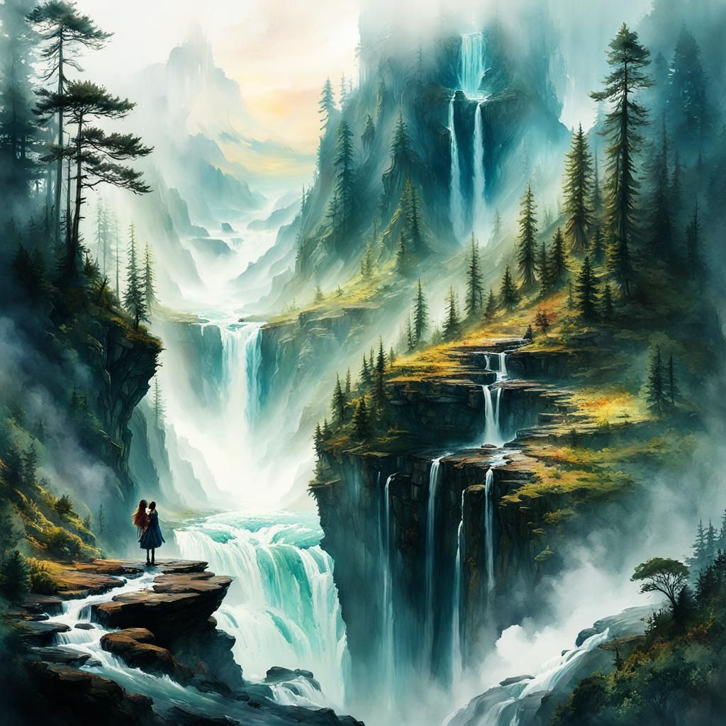 Watercolor Cascade with Volumetric Lighting