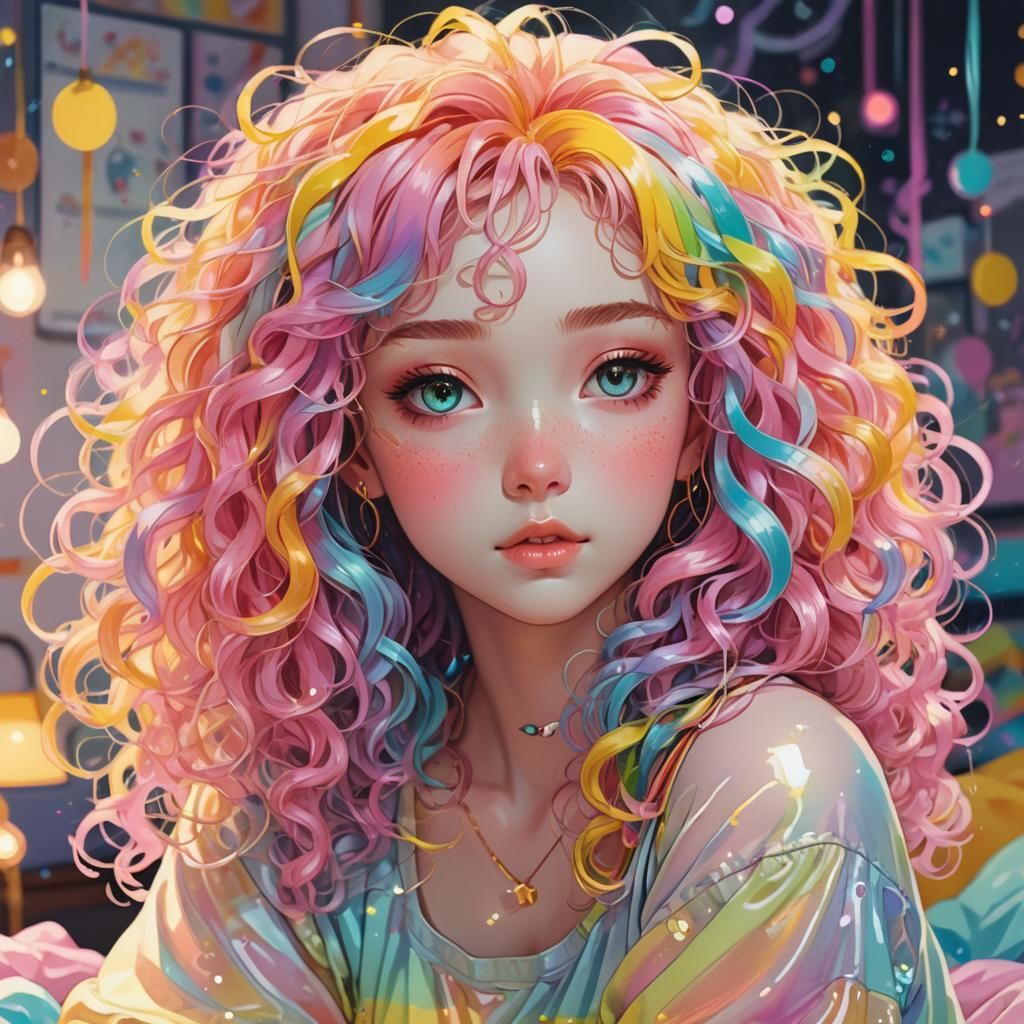 Pastel Anime Girl with Rainbow Hair in Bedroom