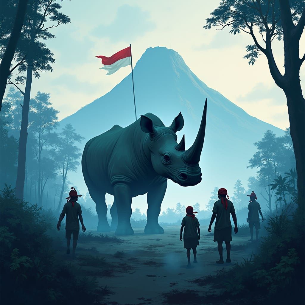 Rhino in Misty Forest with Indonesian Flag, Digital Art