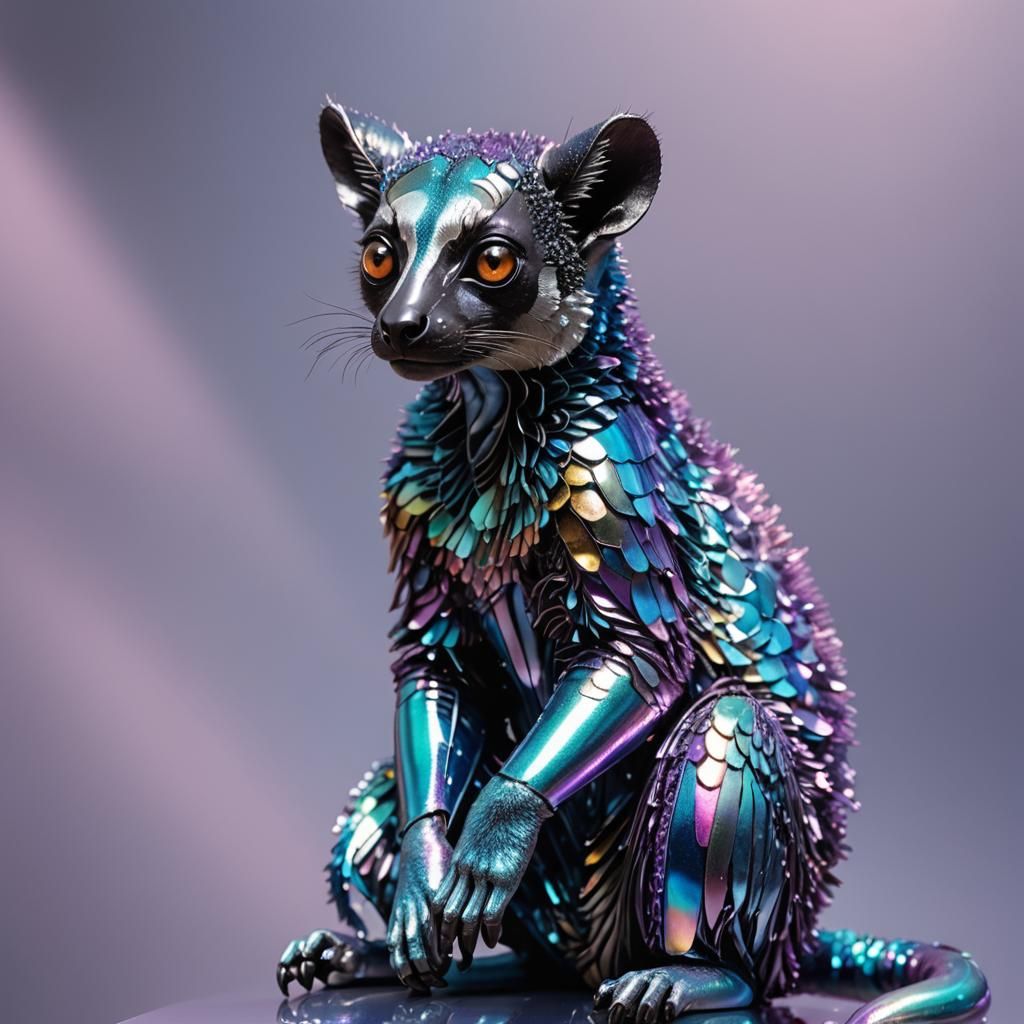 Iridescent Metal Lemur Sculpture in Digital Art Style