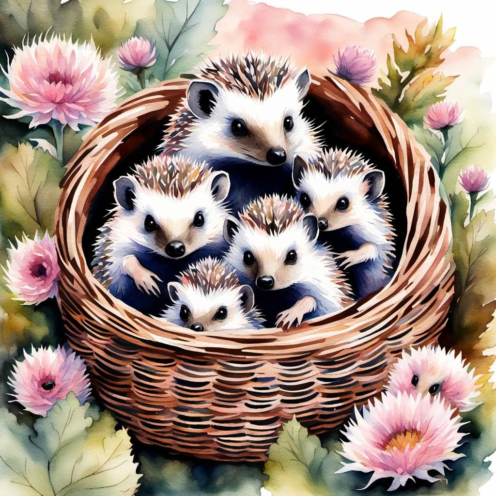 Watercolor Hedgehog Mom and Baby Hoglets