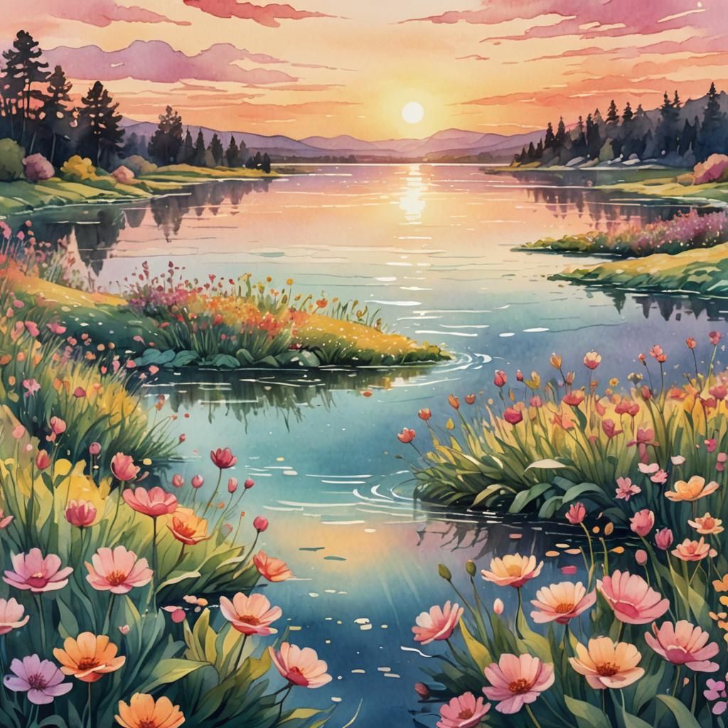 Dreamlike Sunset Landscape in Watercolor Style