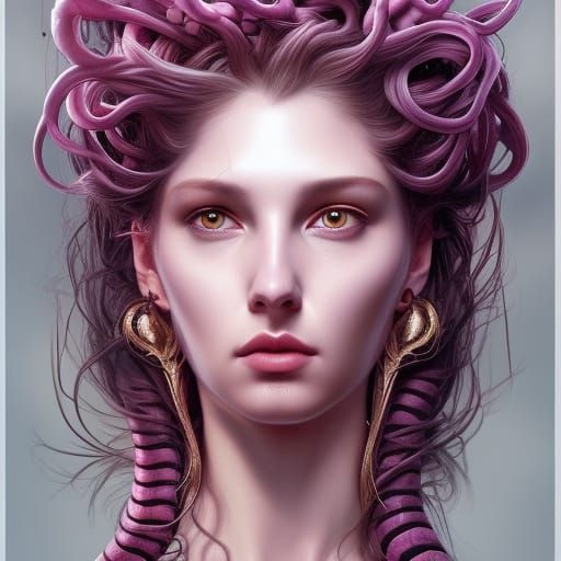 Detailed Medusa Portrait with Pink Snakes