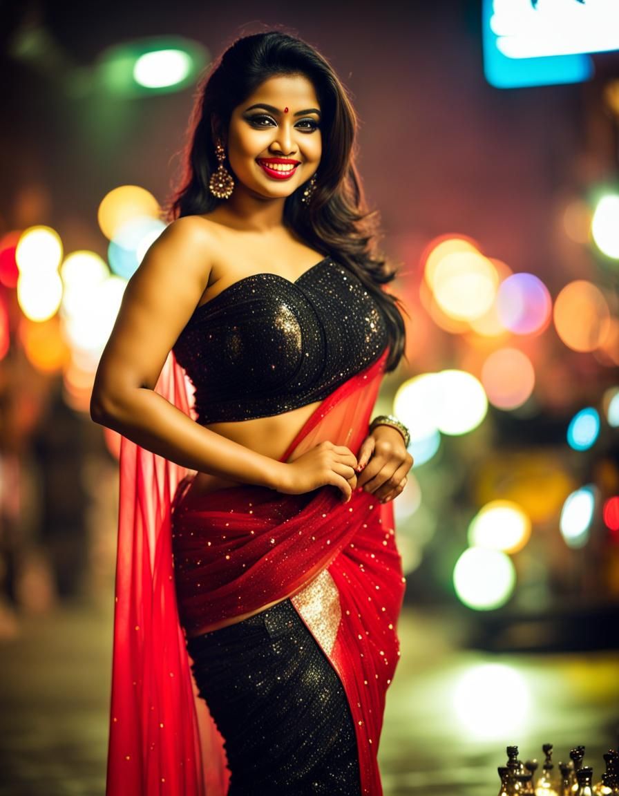 Curvy Woman in Glitter Saree in Neon City at Night